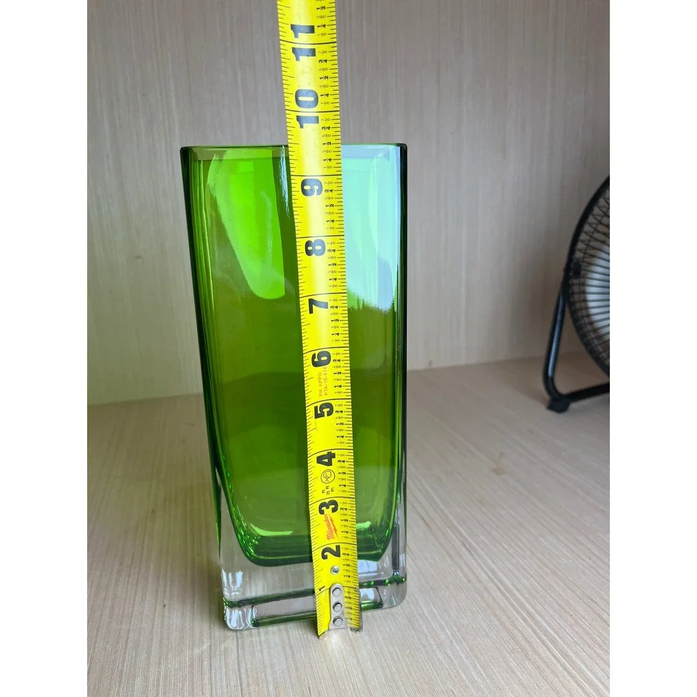 Vintage Emerald Green Glass Rectangular Bud Vase Heavy Clear Base Modernist MCM